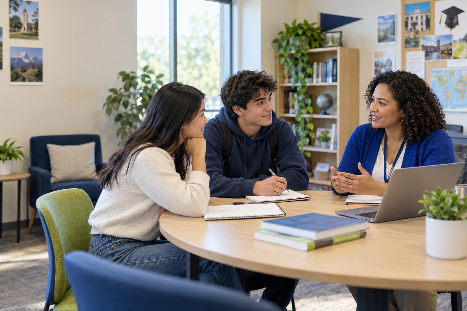 Counselor discussing academic plans with two students