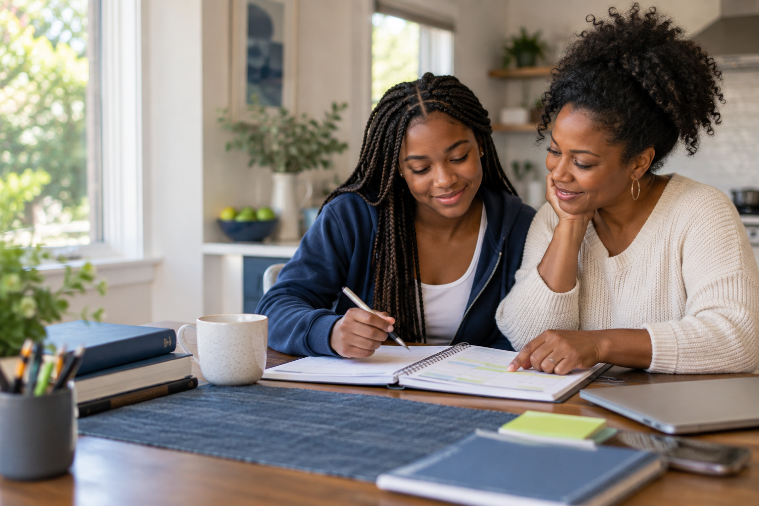 Parent and student reviewing a study plan together at home